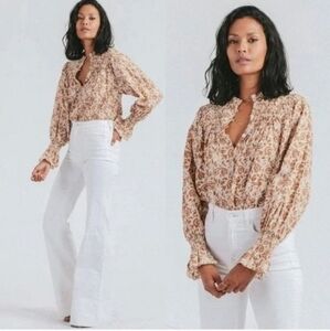 Cloebella Rezza Floral Neutral Metallic Smocked Sleeve Blouse Medium